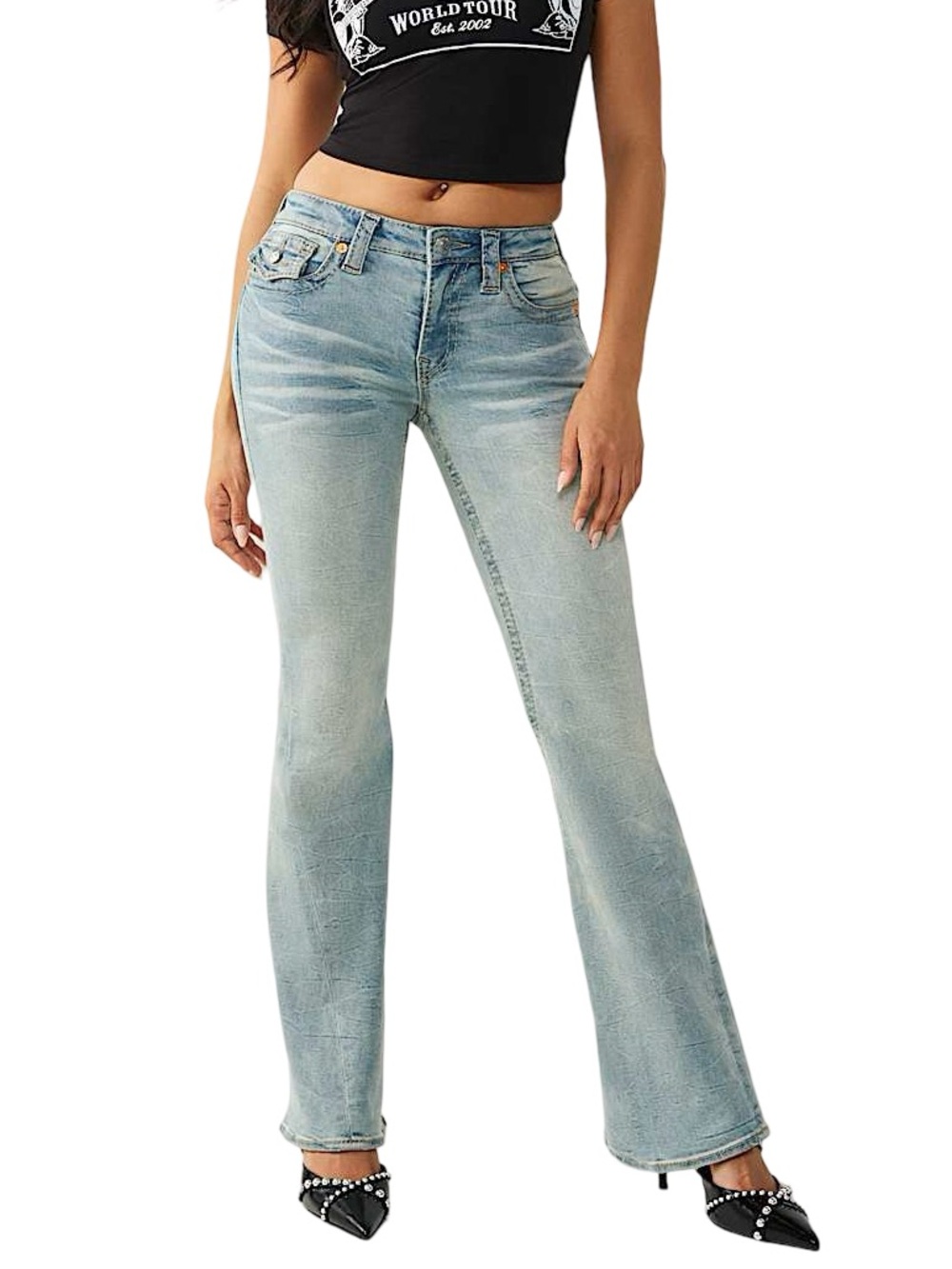True Religion Joey Big T Mid Rise Flare Flap Back Pockets Jeans Blue 29 NWT